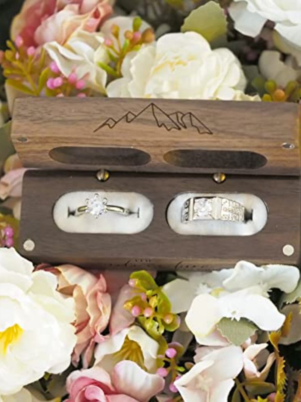 Engraved Flip Wooden 2 box for wedding -Rustic Vintage Solid Wood rectangle